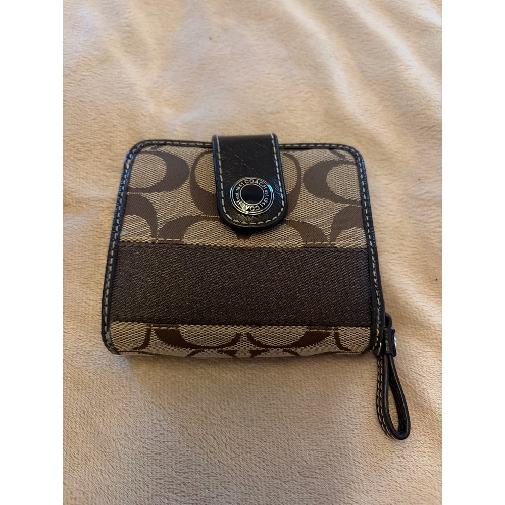 Coach Signature Jacquard Small Bifold Wallet Brown Leather Trim Compact Zipper
